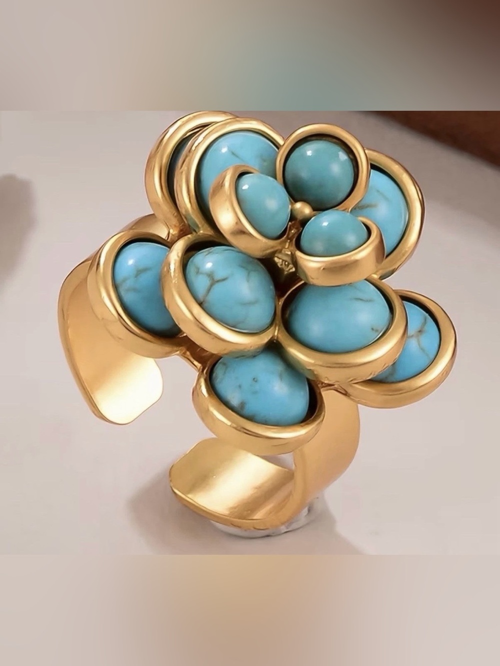Gold Plated Open Ring with Camelia Floral & Turquoise Stones